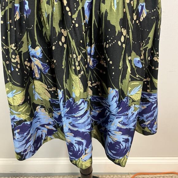 Ann Taylor Loft Skirt size 12 Black Blue Green Floral Pleated Career Church Boho - Picture 5 of 9